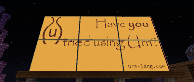 The Urn Evangelism Strikeforce advertising on a monitor in Minecraft.